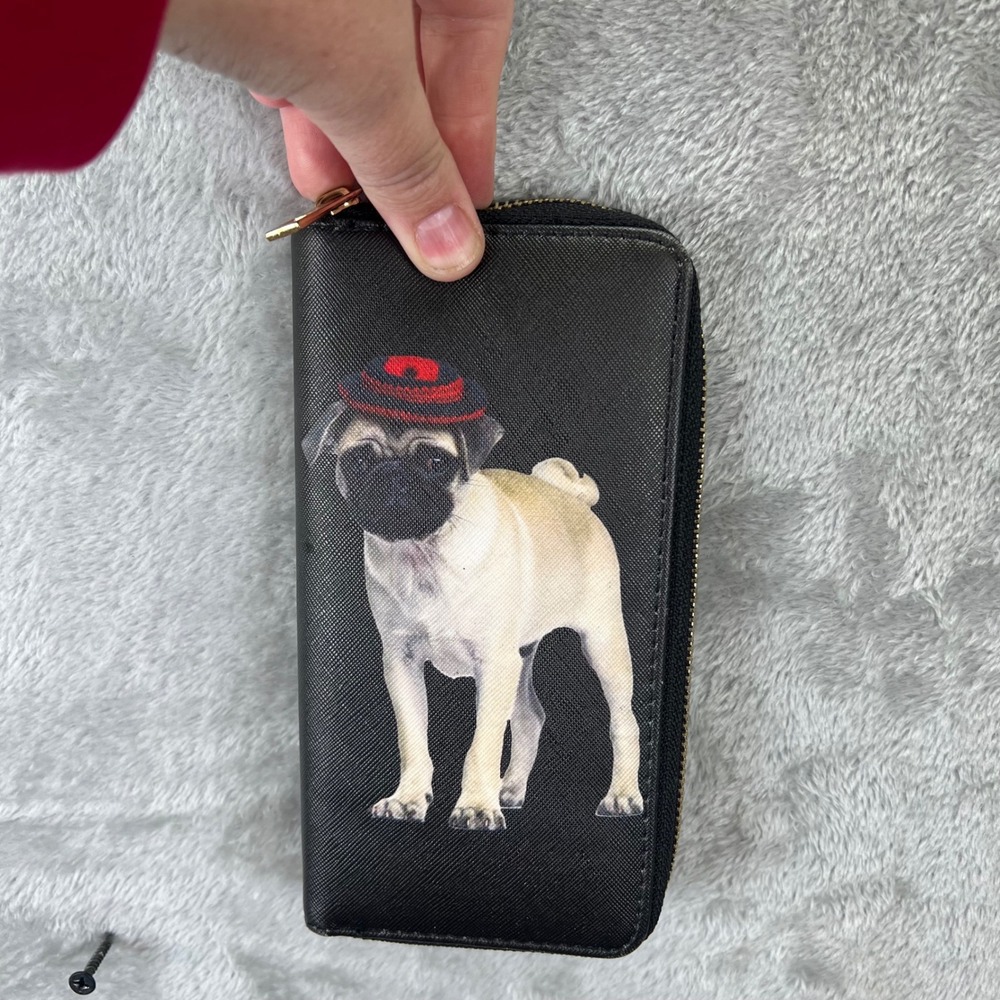 Pug Dog in Hat Graphic Zip Around Wallet Black‎ Faux Leather Quirky Pet Lover